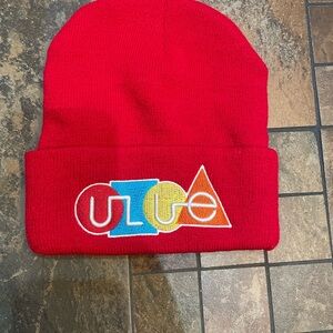 Kids Red Beanie Hat with Colorful Geometric Logo